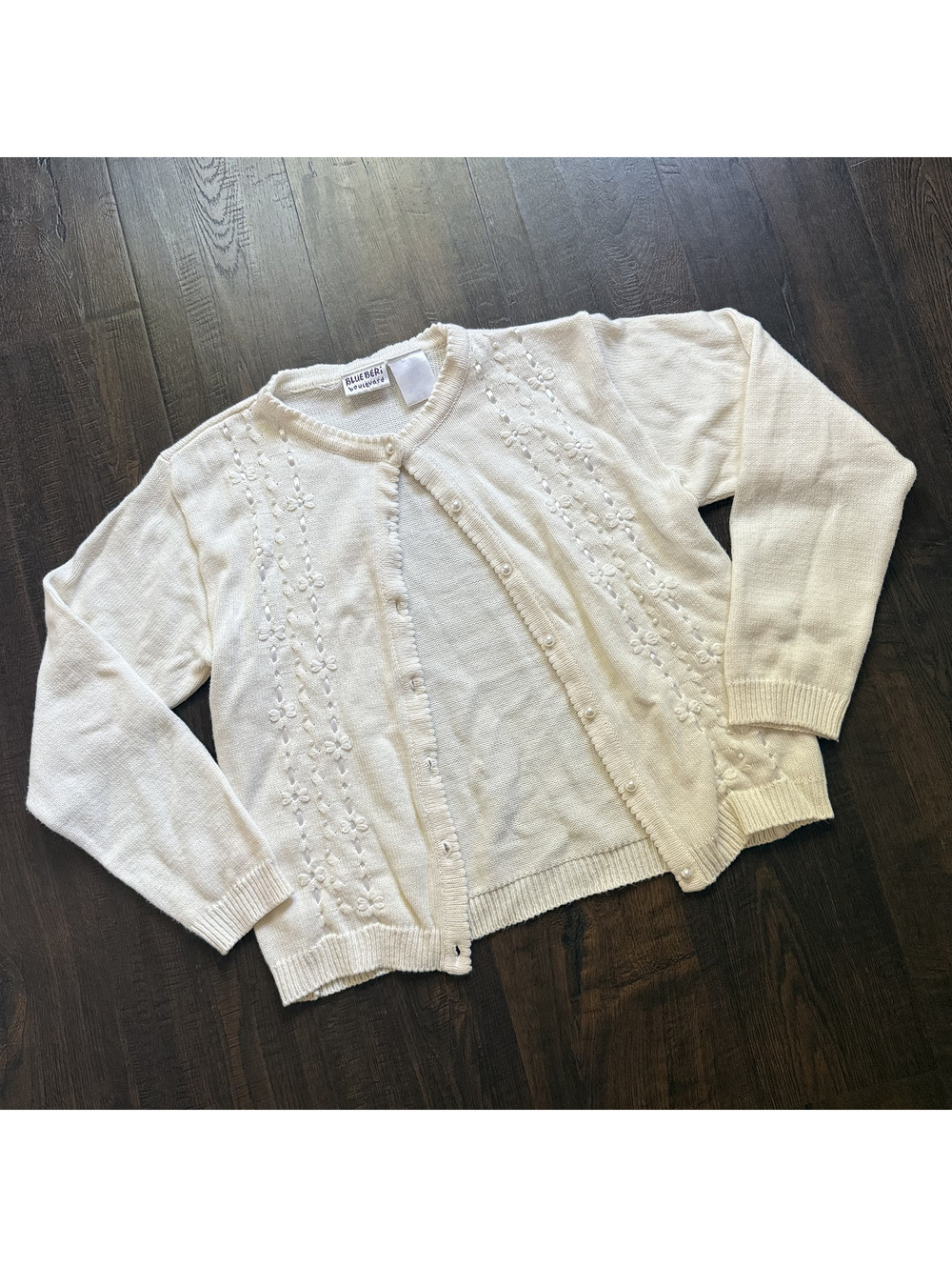 Vintage Y2K Blueberi Boulevard Ivory Pearl Button Floral Knit Cardigan Sweater S